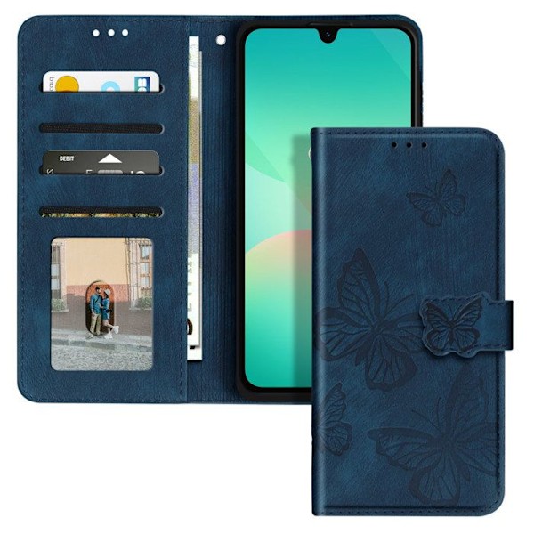 Samsung Galaxy A26: Butterfly Case, Wallet, and Video Stand, Blue Blå