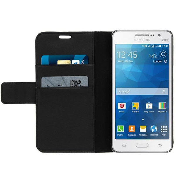 Fodral med Klaff - Avizar - Samsung Galaxy Grand Prime - Konstläder - Svart - Stödfunktion Svart