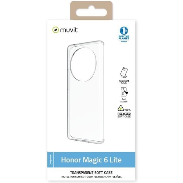 Pehmeä suojakotelo Honor Magic 6 Lite -puhelimelle - MUVIT - Läpinäkyvä - Kierrätetty materiaali - Iskunkestävä Transparent