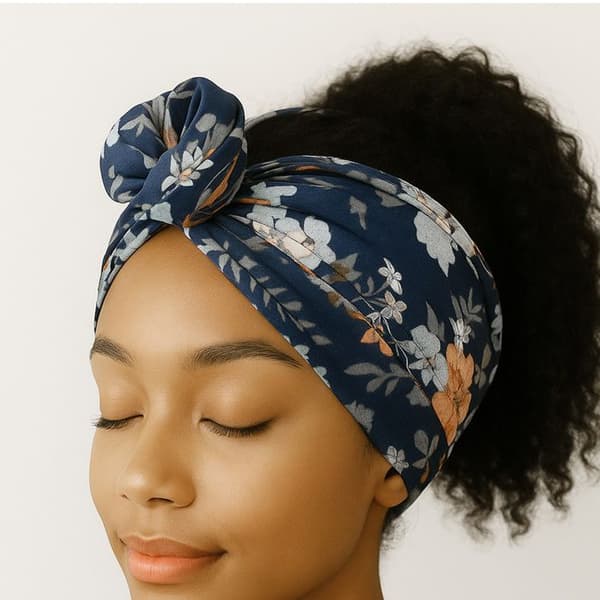 Bandeau Turban - AVIZAR - Blommig - Bomull - Marinblå - Elastisk Komfort Blå