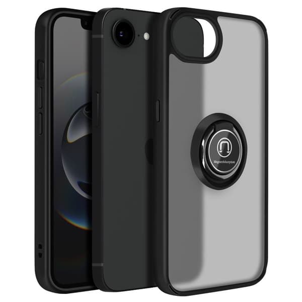 Coque Antichoc - iPhone 16e - Sort - Magnetisk Ring - Polycarbonat - Silikone Gel Svart