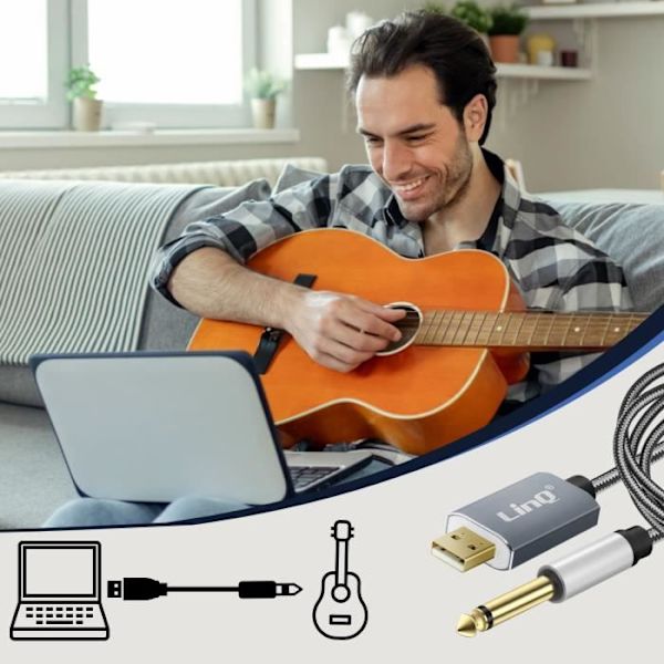 Ljudkabel - LINQ - USB hane till 6,35 mm jack hane - Kvalitetsljud - Flätad nylon - 3 m grå