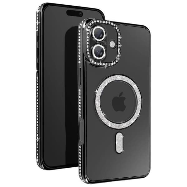 Coque - Diamant - iPhone 16 Plus - MagSafe-skydd - Strass-kontur - Elegant Svart