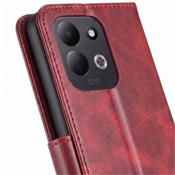 Folio-etui til Redmi 17 med patineret finish, støtte og rød håndledsrem Röd