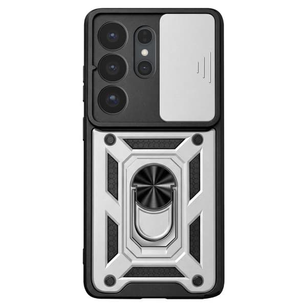 Skyddsfodral för Galaxy S26 Ultra med Stödring och Skjutbart Kameraskydd Silver Grå