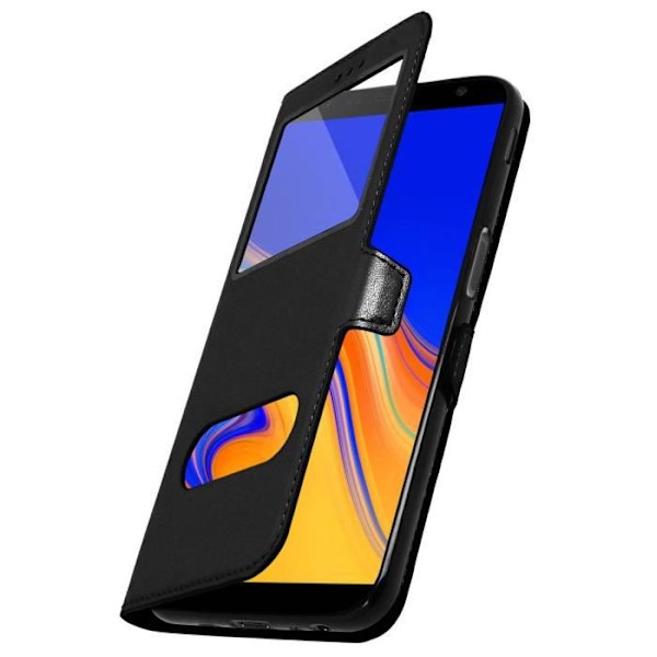 Hölster - Samsung - Galaxy J6 Plus - Ekoskinn - Mjuk - Dubbel Fönster Svart