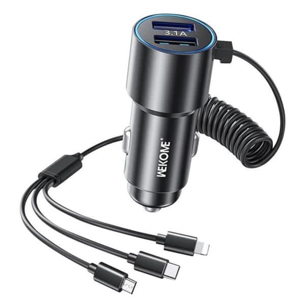 Cigarettænderoplader 2x USB og 3 i 1 kabel Strøm 33W Wekome Sort Svart