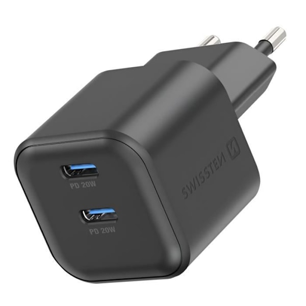 USB C-laddare - Swissten - 20W - GaN - Snabbladdning - Power Delivery Svart