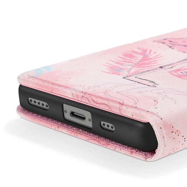 iPhone 16:lle suunniteltu flamingokuviollinen kuori, jossa on hihna ja vaaleanpunainen korttitasku Rosa