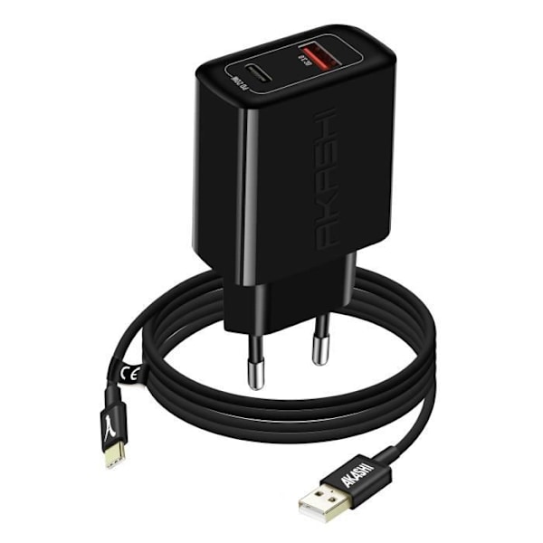 USB / USB-C Strømadapter 20W PD QC 3.0 med USB-C Kabel Akashi Sort