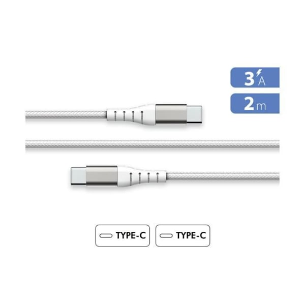 USB-C til USB-C 3A Forstærket Vendbar Opladning og Synchronisering 2m Force Power Hvid Grå