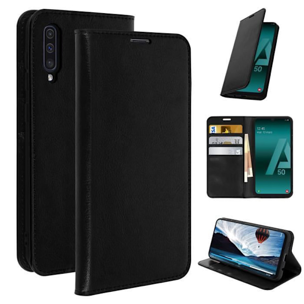 Etui för Samsung Galaxy A50 - AVIZAR - Fodral Folio Läder - Videostöd - Svart - Heltäckande skydd Svart