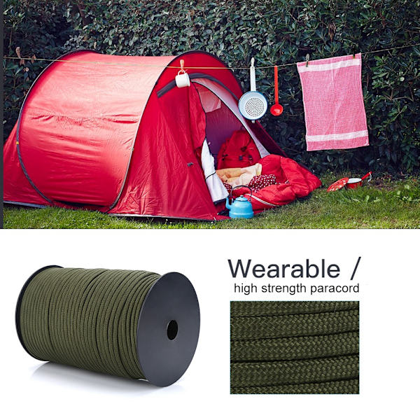 550 Reflekterande Paracord Fallskärmssnöre 9 Strand Core 100m (Army Green)