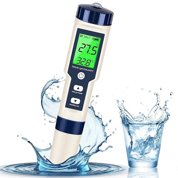 PH-mätare & TDS-mätare Digital Vattentestare 5 i 1 Salthaltsmätare PH Temp EC och TDS-mätare, PH-mätare för Vatten med LCD-bakgrundsbelysning, Vattentestkit för D