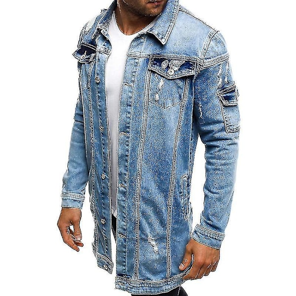 Moderigtig lang herre denim jakke med flænger til forår og efterår XL BLÅ