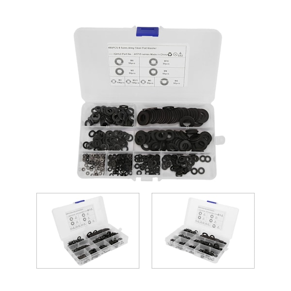 480 stk. flade skiver sortiment M2 M2.5 M3 M4 M5 M6 M8 M10 kulstofstål hardware til bil hjem