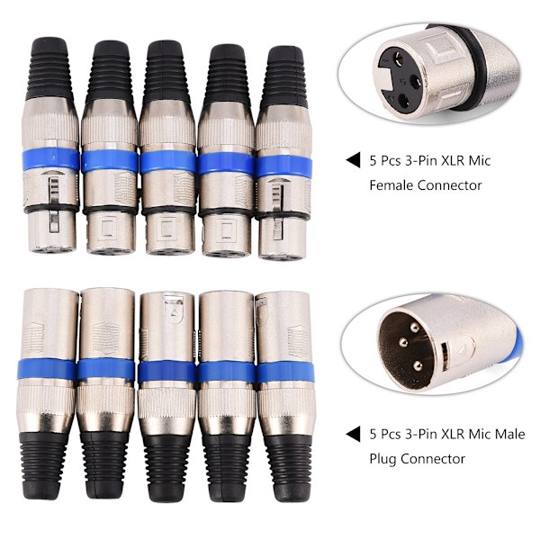 5 paria 3-nastainen XLR-mikrofoni-ääniliitin urospuolinen naarasliitin