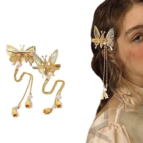 2 stk Elegant kvast sommerfugl hårnåle Flytende Flyvende sommerfugl Antik sideclips metal kvast lang hår klip til kvinder piger