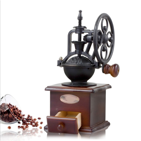 Retro Manuell Kaffekvarn Kaffeböna Kryddhandslipningsmaskin med Låda Kvarn Handvev Kaffekvarnar