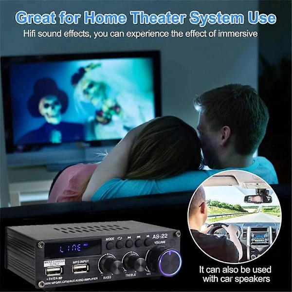 AS22 HiFi Digital Forstærker 30Wx2 2.0 Kanal Bluetooth EU Stik