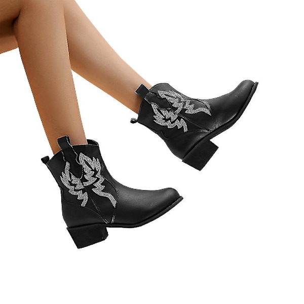 Low-cut Black Cowboy Ankle Boots for Women, Mid Heel, Wide Width