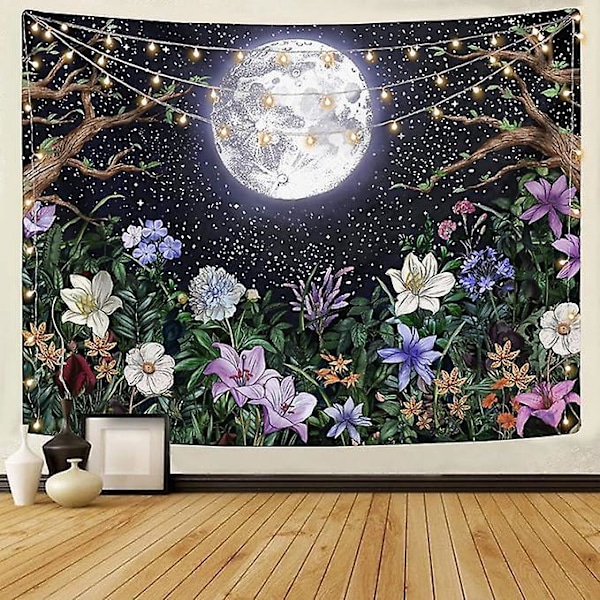 Estetisk Månträdgård Gobeläng Väggbonad, Nattscen med Färgglada Växter och Blommor Gobeläng för Sovrum Heminredning 130cm×150cm (50\"B × 60\"L)