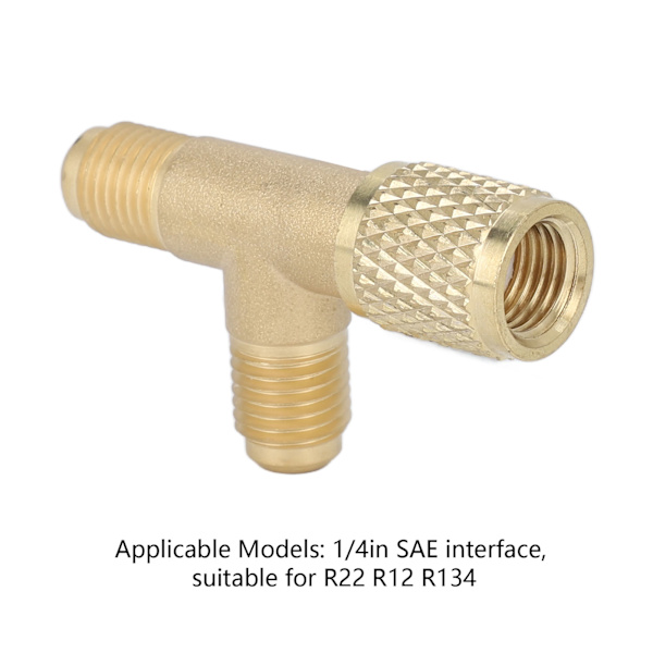 Kestävä messinkipikaliitin T-sovitin venttiilillä - 1/4" SAE - R22 R12 R134 - kulta (1 kpl)