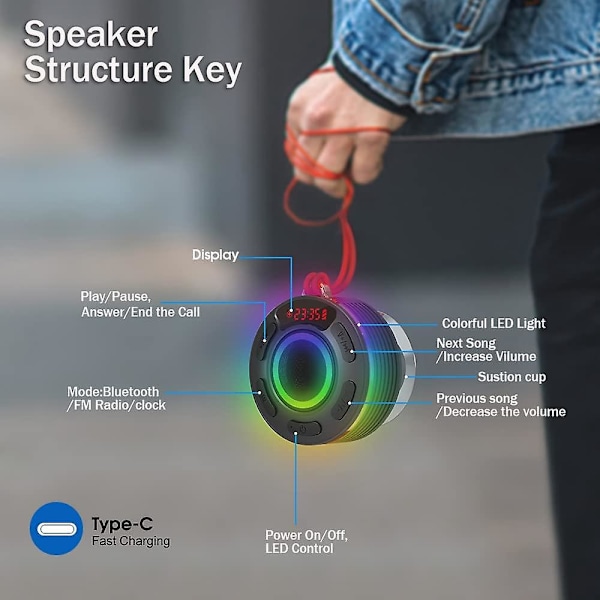Bærbar Bluetooth Dusjboks, Mini Bluetooth 5.1 Bærbar Vanntett IPX7 Høyttaler, 360° Stereo HD Bluetooth Radio, Innebygd Mikrofon, 6 Timers Spilletid
