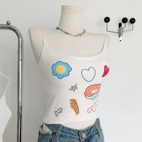 Kvinners Spaghetti Stropp Tank Top med Brystplate Søt Trykkmønster Myk Komfortabel Slim Fit Tynn Stropp Tank Top for Jenter Hvit Gratis Størrelse