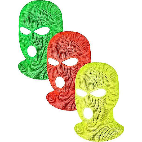 Sport Balaclavas i Helansikte - Set om 3 | Vinter Utomhus Stickad Ansiktsmask | Skid Balaclava - Fluorescerande Gul, Grön och Orange