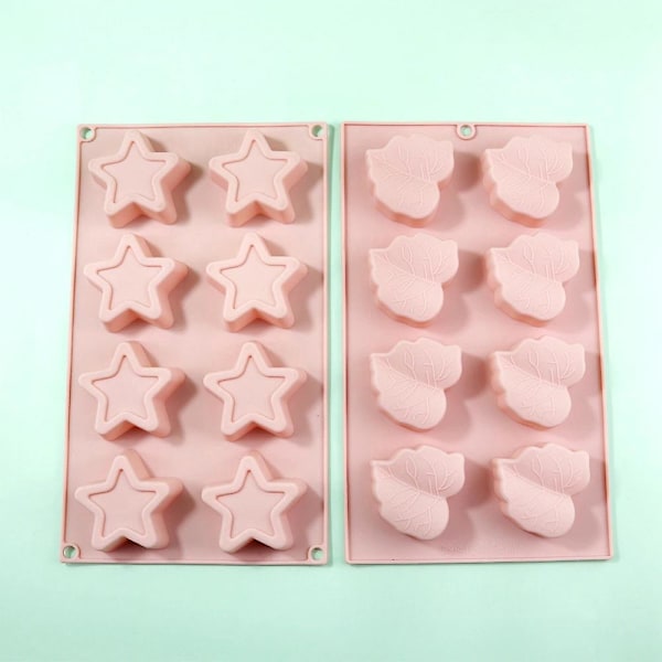 Genanvendelig Stjerne- og Blad Chokoladeform - Perfekt til Chokolade, Isbiter, Gele og Slik (2 stk. Pink)