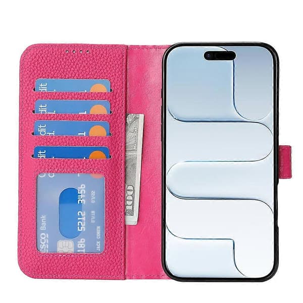 Compatible with iPhone Air Stand Case Litchi Texture Genuine Cowhide Wallet Case RFID Pink