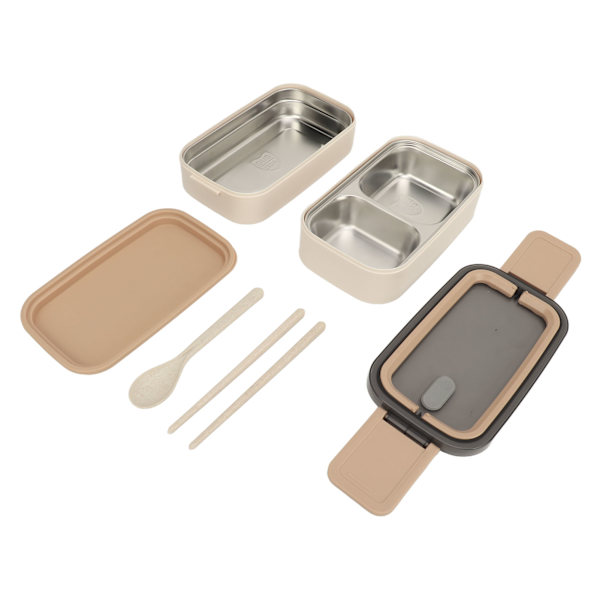 Dobbeltlags lunsjboks stabelbar Bento-boks med redskaper Rustfritt stål Spiseboks 1400ml Khaki 304