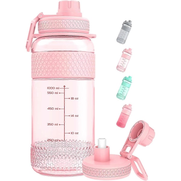 Motiverende vandflaske med sugerør, 1L/2L sportsdrikkeflasker med tidsmarkering, BPA-fri lækagesikker holdbar (Pink)