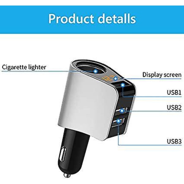 Ny Mini USB Multi-Lighter USB-lader - 3 USB - 5V /3.6A - Voltmeterfunksjon LED-display Batteri - Universell kompatibilitet (3usb) Sølv