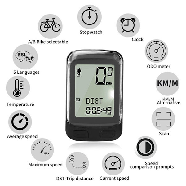 Mountain Road Bike Trådløs Odometer Multifunktionel Interface Stor Skærm Vandtæt Velometer Support Fem Sprog