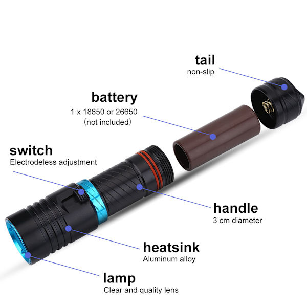 50 m utomhus undervattens bärbar LED-fackla i aluminiumlegering vattentät ficklampa