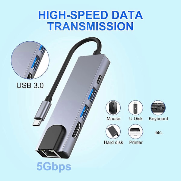 5 i 1 USB C Docking Station, Type C til HDMI Adapter RJ45 Ethernet 4K HDMI 100W PD 2 USB 3.0 kompatibel med MacBook Pro / Air og Type C enheder