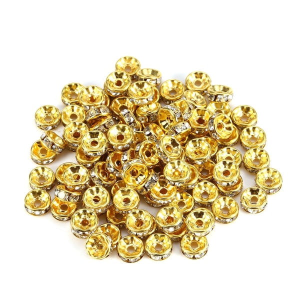 100 stk/sett Legering rhinestone løs sjarm spacer perle for smykker å lage (gull 8 mm)