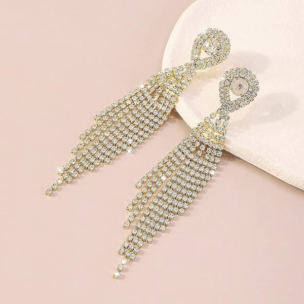 Tåreformet Krystall-Lysekrone Ørepynt Lange Kvaster Hengeøreringer Glitrende Rhinestone Damegaver Statement Ørepynt Brudesmykker (Gull)