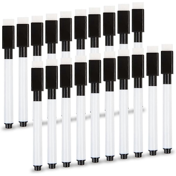 Whiteboard tusser, 20 stk. sorte små whiteboard markere med viskelæder, fin spids whiteboard tusser til børn