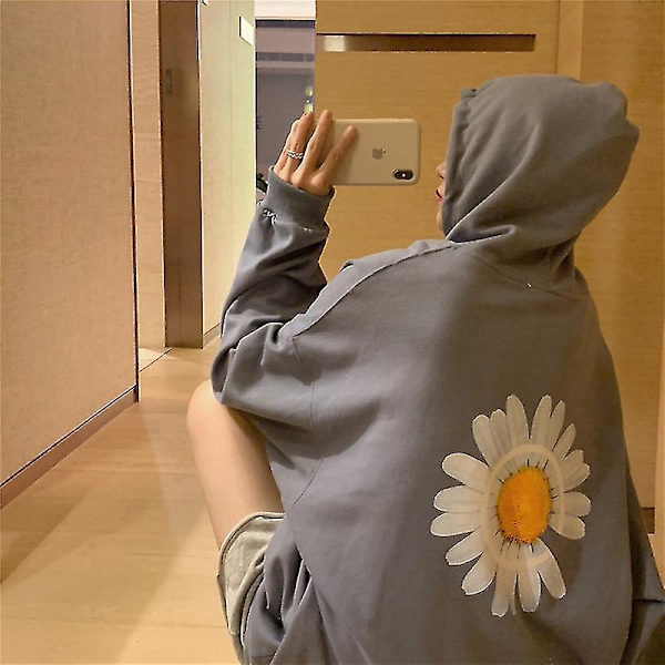 Casual Loose Fit Tunika Hoodie med Små Daisy Print til Kvinder M Blå