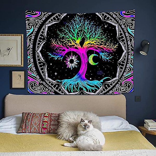 Måne og Sol Mønster Vægophæng Livets Træ UV Fluorescens Psykedelisk Gobelin Mandala Livets Træ Gobelin, Soveværelsesdekoration Vægophæng