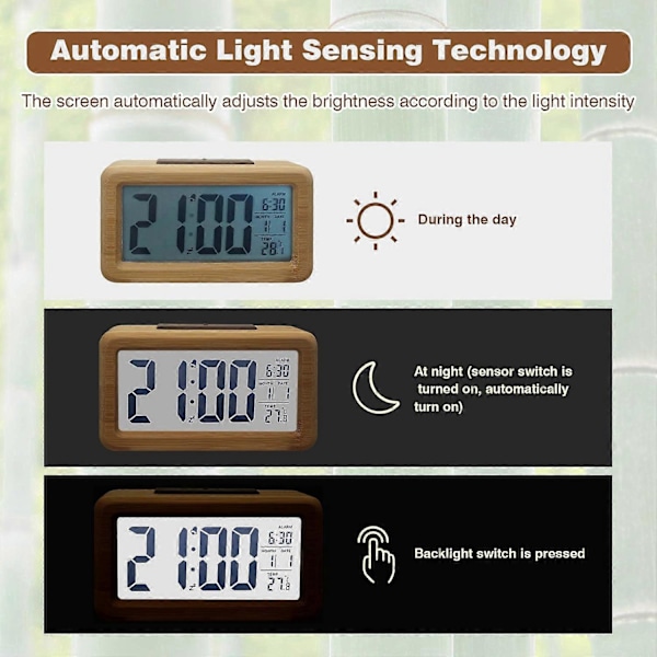 Digitalt Vækkeur i Træ, Stort LED Display, 12/24 Timers Visning, Smart Sensor Natlys