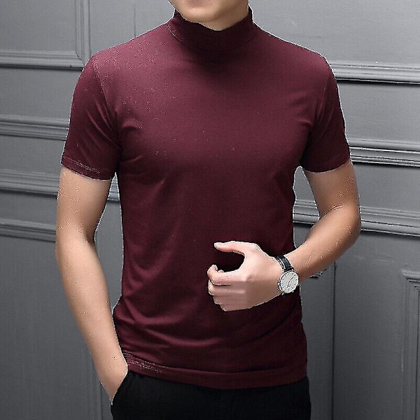 Slim Fit Mænds Turtleneck Kortærmet Sweater Casual T-shirt Top L Vinrød