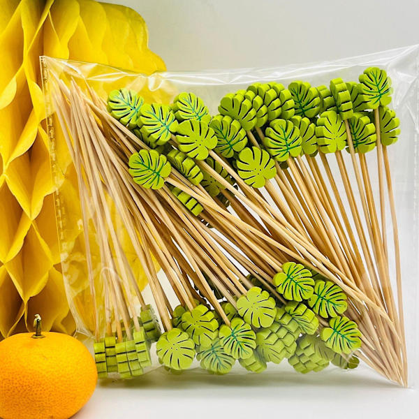 Bambus Cocktailpinner - 100 Grønne Blad Tannpirkere, 12cm, Perfekt for Party Snacks, Frukt & Smørbrød