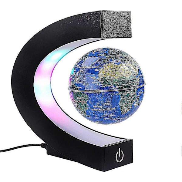 Magnetisk Svevende Globus med Fargede LED-lys C Form Anti-gravitasjon Maglev Roterende Verdenskart for Gave Hjemmekontor Skrivebordsdekorasjon (med Bryter, Blå)