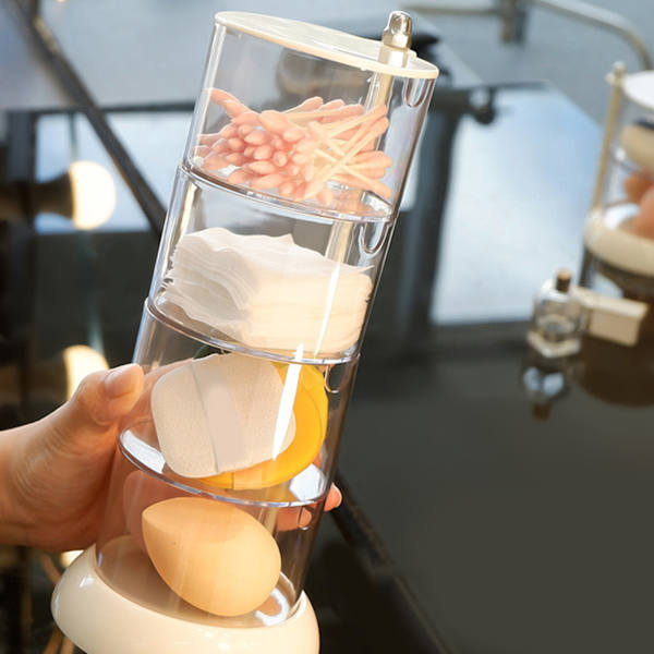 Multi Layer Pudder Puff Organizer Åndbar Støvsikker Øreringe Hvid Roterbar Beholder til Hjem 4 Lag