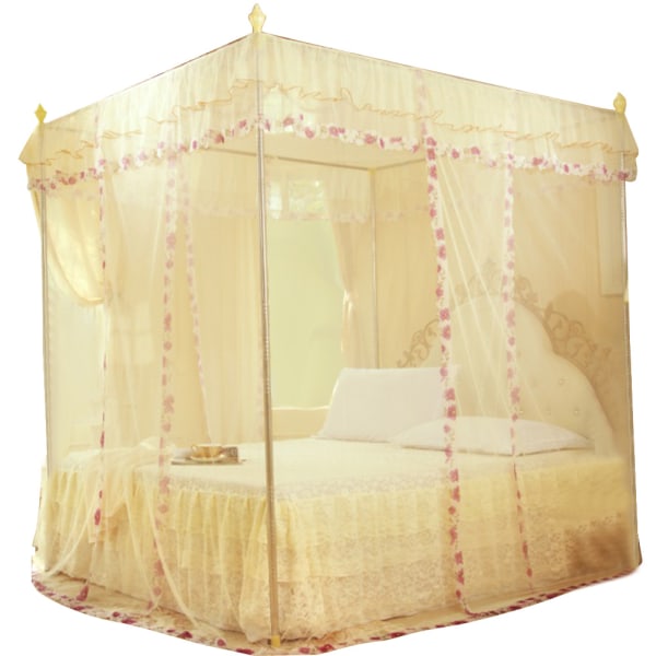 Luxury Princess 3 sideåpninger Stolpeseng Gardin Baldakin Netting Myggnett sengetøy (gul S)