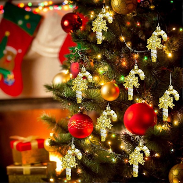 12 st Glittrande Julgranskarameller 11cm för Julgransdekorationer Ornament Godis Käpp Hängande Guld och Vita Ränder